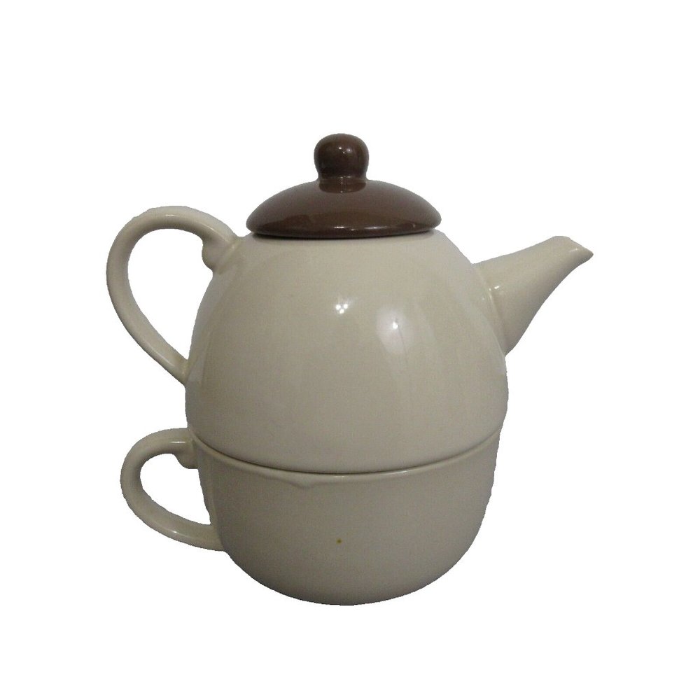 Stoneware Tea for One 3 pc Stackable Set with Teapot & Cup Cream w/Brown Lid - Picture 1 of 13